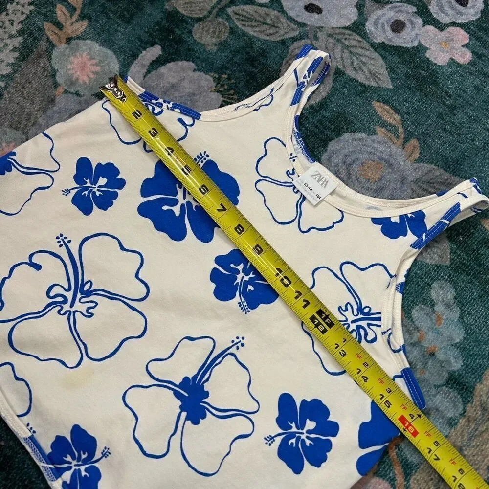 Zara Girls Crop Top Hawaiian Hibiscus Floral Cream Blue Curved Hem Tank 13-14 L